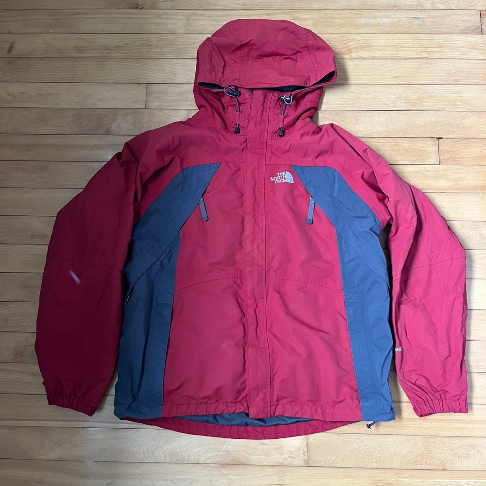 The North Face HyVent Hooded Rain Jacket Mens Medium Red Gray Waterproof Shell